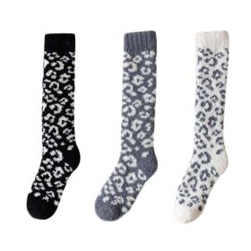 3 Pairs Leopard Print Coral Fleece Socks Women's Calf Socks Furry Winter Sleep Stockings,Black Grey White