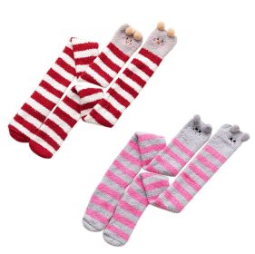 2 Pairs Warm Fuzzy Over Knee High Stockings for Girls Womens, Pig and Cat Mixed Color Stripes
