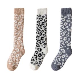 3 Pairs Leopard Print Coral Fleece Socks Women's Calf Socks Furry Winter Sleep Stockings,Khaki White Grey