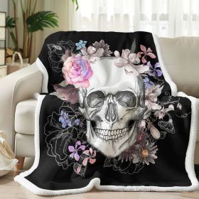 1 pc Floral Skull Throw Blanket, Gothic Sugar Skull with Watercolor Flowers Blanket, Black Background Cozy Sherpa Blanket