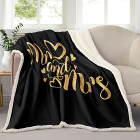 1 pc Mr and Mrs Throw Blanket, Gold Foil Style Wedding Sherpa Blanket, Black & Gold Newlywed Couples Blanket