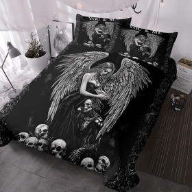 Black Skull Bedding Mysterious Angel Duvet Cover Sets Ugly demon Bed Sets Night 3 Piece Skull Themed Comforter Cover with 2 Pillowcases Twin Size(temu