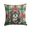 Black and Tan Tibetan Spaniel Christmas PoinsettIas Throw Pillow Decorative Indoor Outdoor Accent Cushion for Couch, Bed or Patio, 14Hx14W