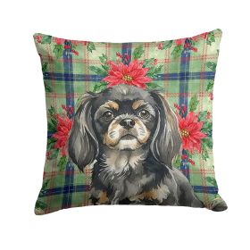 Black and Tan Tibetan Spaniel Christmas PoinsettIas Throw Pillow Decorative Indoor Outdoor Accent Cushion for Couch, Bed or Patio, 14Hx14W