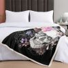 1 pc Floral Skull Throw Blanket, Gothic Sugar Skull with Watercolor Flowers Blanket, Black Background Cozy Sherpa Blanket