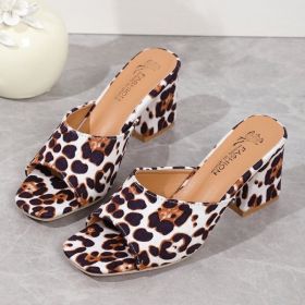 Leopard Square Toe Sandals Summer High-heeled Slippers Chunky Heel Shoes For Women (Option: White-35)