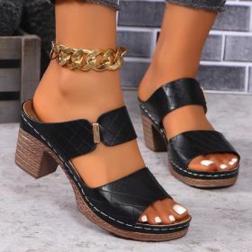 Chunky Heel Sandals Summer Round Toe Plaid Slides Slippers Fashion Outdoor High Heels Shoes For Women (Option: Black-36)