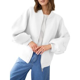 Fisoew Womens Zip Up Sweatshirt Casual Bomber Jacket Lantern Sleeve Oversized Jacket Fall Outfits 2025 (Option: White-L)