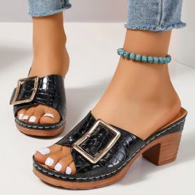 Fashion Crocodile-textured Buckle Sandals Square Chunky Heel Peep-toe Slides Slippers Women Shoes (Option: Black-36)
