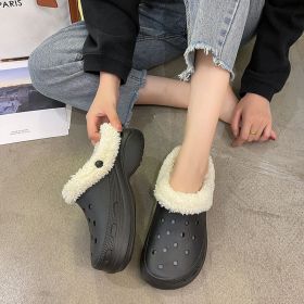 Cave shoes Women's plush thick soles increase winter Baotou cotton slippers Female temperament Fairy muffin anti-skid cotton shoes (colour: 9801 black, size: 37/38 fits 36/37)