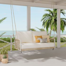 1-Piece Woven Rope Outdoor Swing Sofa with Soft Cushions Seating 2 for Patio, Courtyard and Balcony (Color: Beige, Material: Woven Rope)