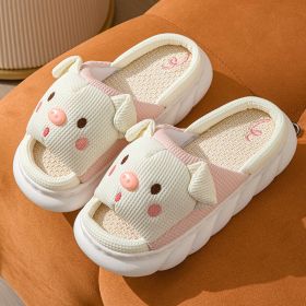 Cute Piggy Slippers Open Toe Linen Home Slipper Couples Women Men Cartoon Pig House Shoes (Option: White-36to37)